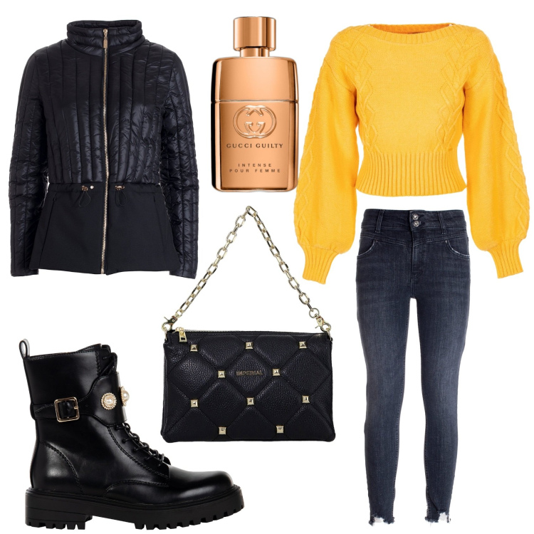 Outfit donna - Maglione con maniche ampie. Stile Casual per Scuola/Università. Abbinamento con profumi, anfibi, piumini, maglieria, jeans skinny, borse a spalla.