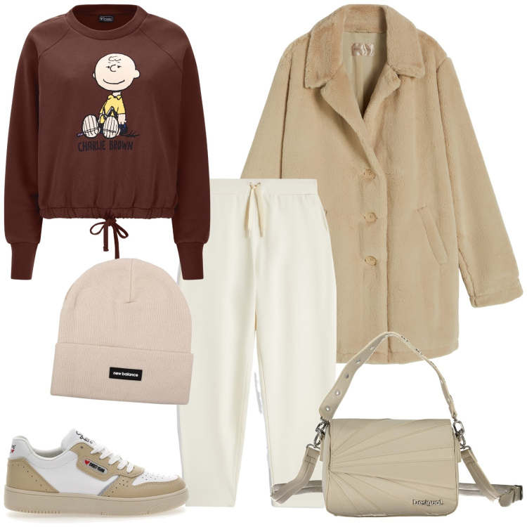 Outfit donna - Total look #1986912. Stile Sporty chic per Tutti i giorni. Abbinamento con berretti, cappotti, pantaloni sportivi, felpe, sneakers, borse a spalla.