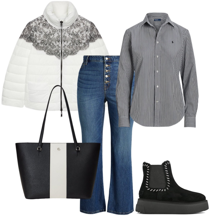 Outfit donna - Il piumino con il pizzo. Stile Urban per Tutti i giorni. Abbinamento con camicie, jeans, borse tote, piumini, stivaletti.