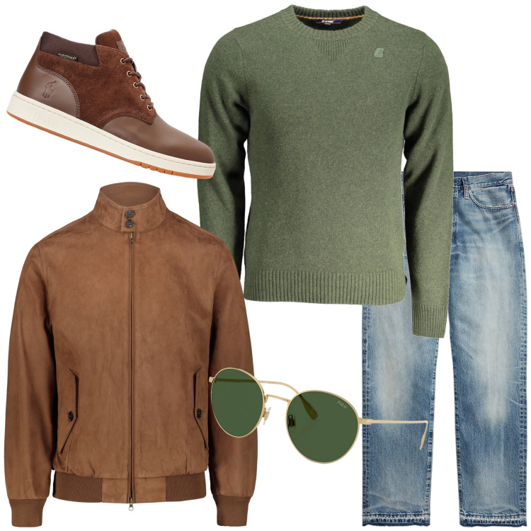 Outfit uomo - Total look #1986926. Stile Casual per Tutti i giorni. Abbinamento con giacche, jeans dritti, stivali, occhiali da sole, maglieria.