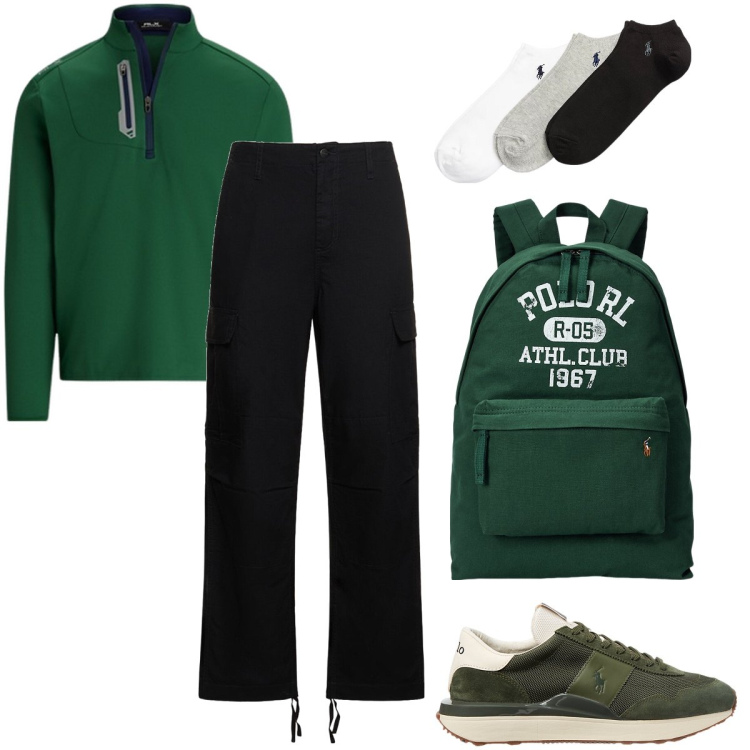 Outfit uomo - Sportivo in verde. Stile Casual per Sport. Abbinamento con calzini, sneakers, borse sportive, pullovers, pantaloni cargo.