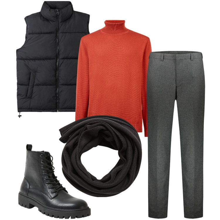 Outfit uomo - In ufficio con gli anfibi. Stile Business/Elegante per Ufficio. Abbinamento con sciarpe, piumini, anfibi, maglieria, pantaloni.