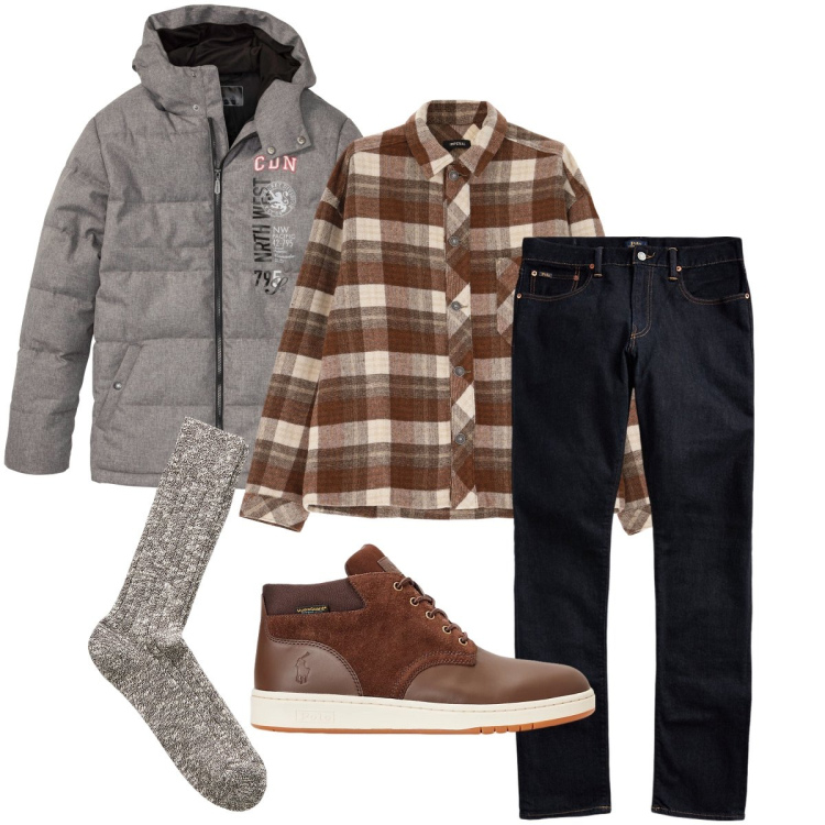 Outfit uomo - Gita in montagna. Stile Casual per Tutti i giorni. Abbinamento con giacche, camicie, jeans, stivali, calzini.