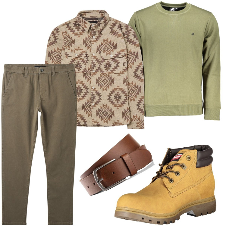 Outfit uomo - Fantasia geometrica. Stile Urban per Tutti i giorni. Abbinamento con cinture, cappotti, pantaloni chino, stivali, felpe.