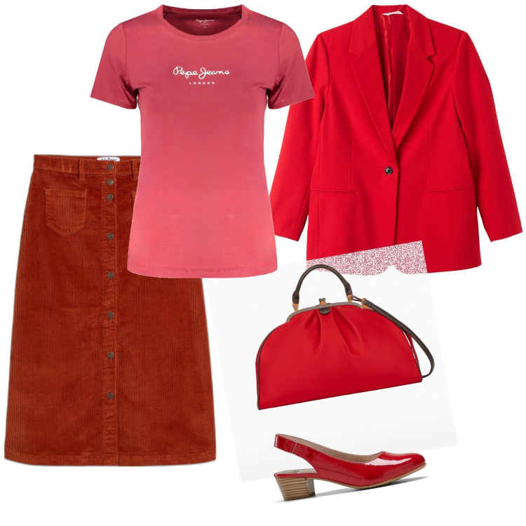 Outfit donna - Red passion. Stile Basic per Tutti i giorni. Abbinamento con gonne longuette, décolleté, blazer, t-shirt, borse a spalla.