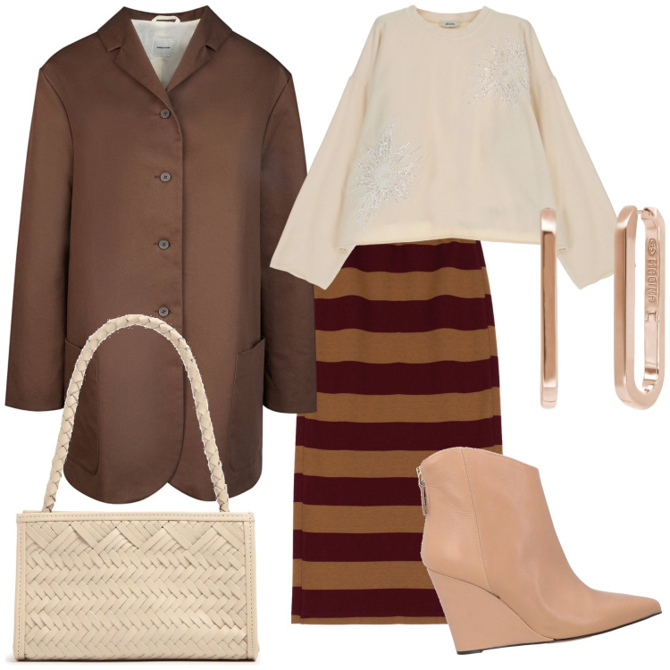 Outfit donna - Nei toni della terra. Stile Urban per Ufficio. Abbinamento con stivaletti, orecchini, gonne longuette, felpe, trench, borse a spalla.