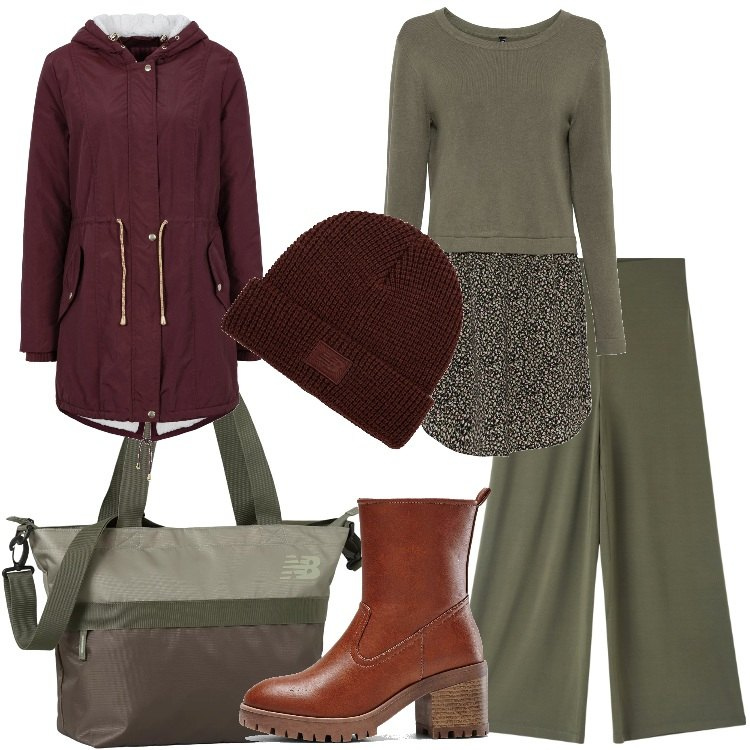 Outfit donna - Il parka a novembre. Stile Basic per Scuola/Università. Abbinamento con stivaletti, maglieria, parka, pantaloni culotte, borse tote, berretti.