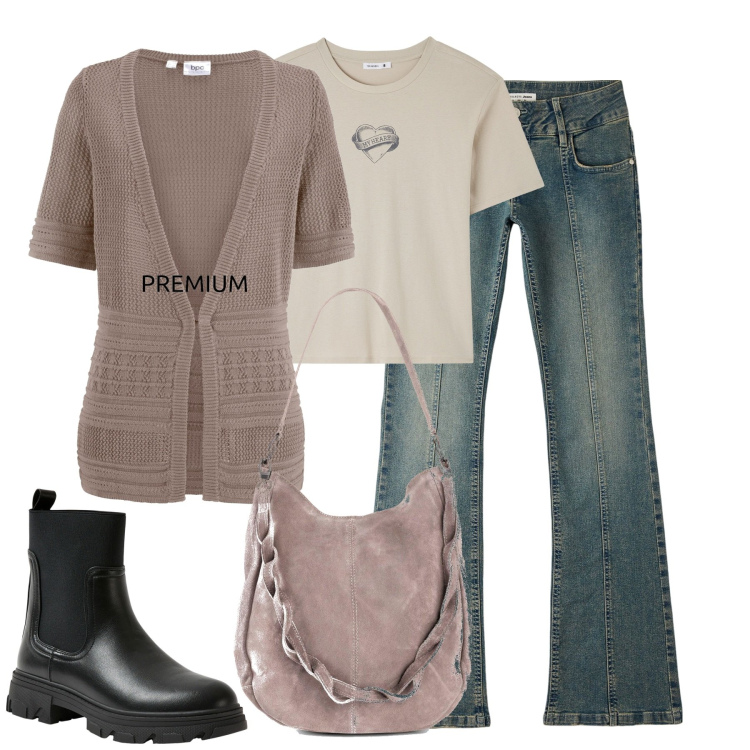 Outfit donna - Ottobre. Stile Casual per Tutti i giorni. Abbinamento con borse a mano, cardigans, t-shirt, stivaletti chelsea, jeans a zampa.