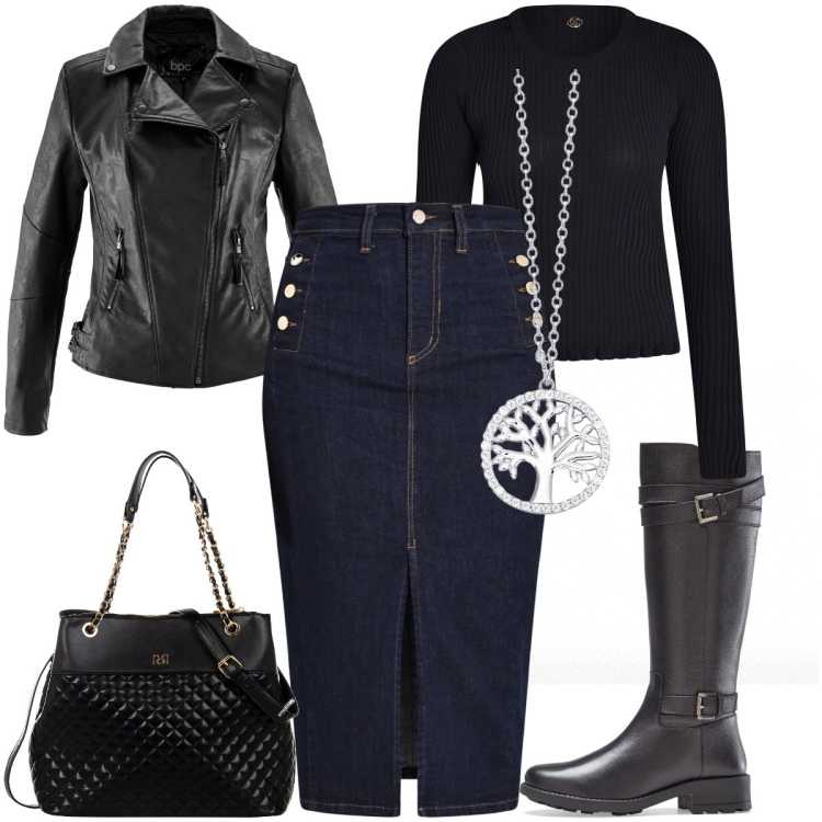 Outfit donna - Total look #1986979. Stile Rock per Tutti i giorni. Abbinamento con blazer, stivali, collane, gonne longuette, shopping bag, maglieria.