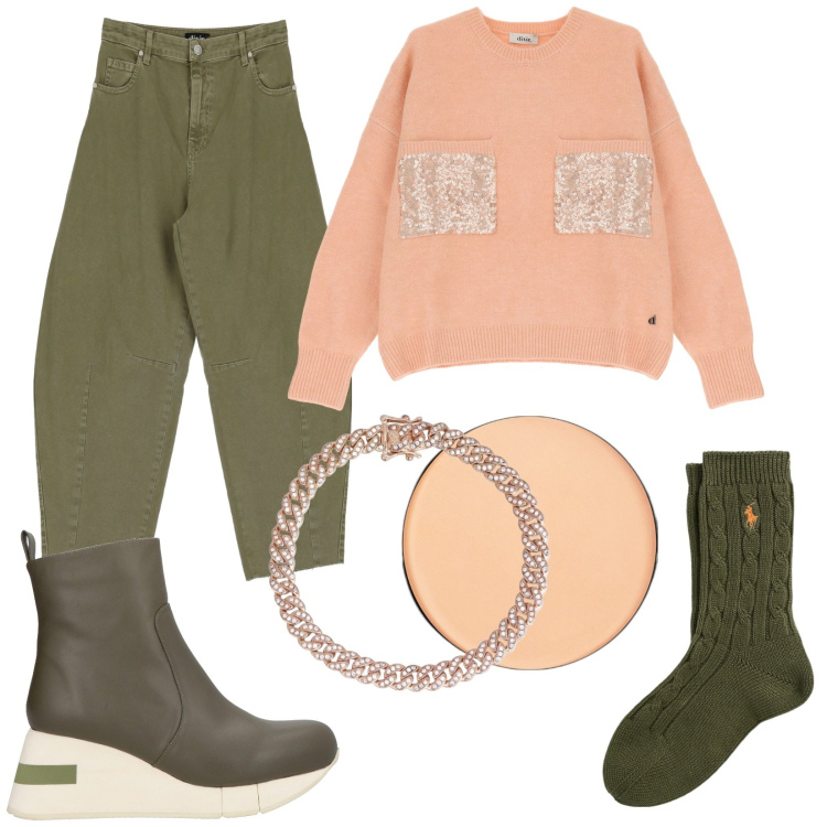 Outfit donna - Total look #1986982. Stile Trendy per Tutti i giorni. Abbinamento con stivaletti, fondotinta, jeans, pullovers, braccialetti, calzini.