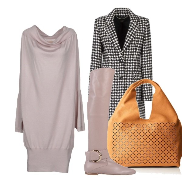 Outfit donna - Total look #198699. Stile Basic per Tutti i giorni. Abbinamento con stivali senza tacco con fibbia e punta tonda tinta unita, cappotto con spacco posteriore fantasia con bottoni, shopping bag marrone.