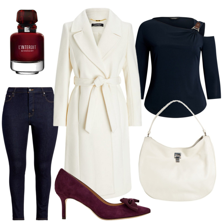 Outfit donna - Décolleté raffinate. Stile Glamour per Ufficio. Abbinamento con profumi, borse a mano, cappotti, jeans skinny, maglieria, décolleté.