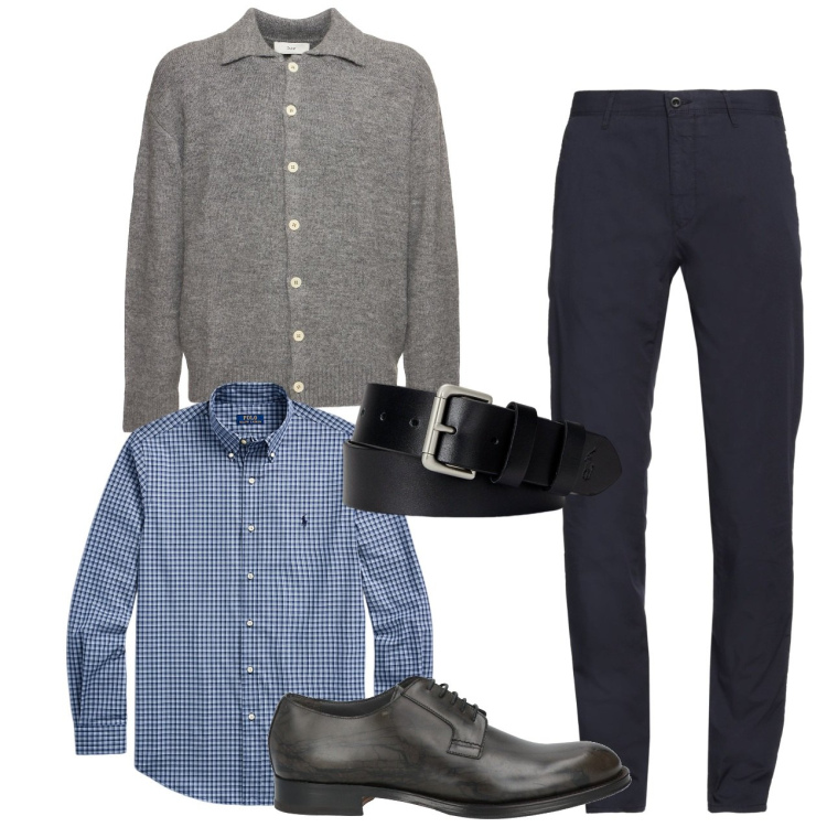 Outfit uomo - Il cardigan serioso. Stile Business/Elegante per Ufficio. Abbinamento con scarpe stringate, pantaloni chino, cinture, camicie, cardigans.