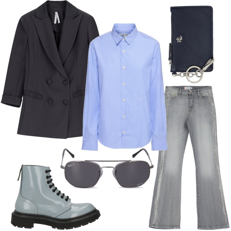 Outfit donna - La camicia azzurra. Stile Casual per Scuola/Università. Abbinamento con anfibi, jeans a zampa, blazer, portafogli, occhiali da sole, camicie.