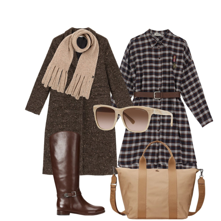 Outfit donna - Beige e marrone: è autunno. Stile Minimal per Tutti i giorni. Abbinamento con sciarpe, cappotti, vestiti corti, occhiali da sole, stivali, borse tote.