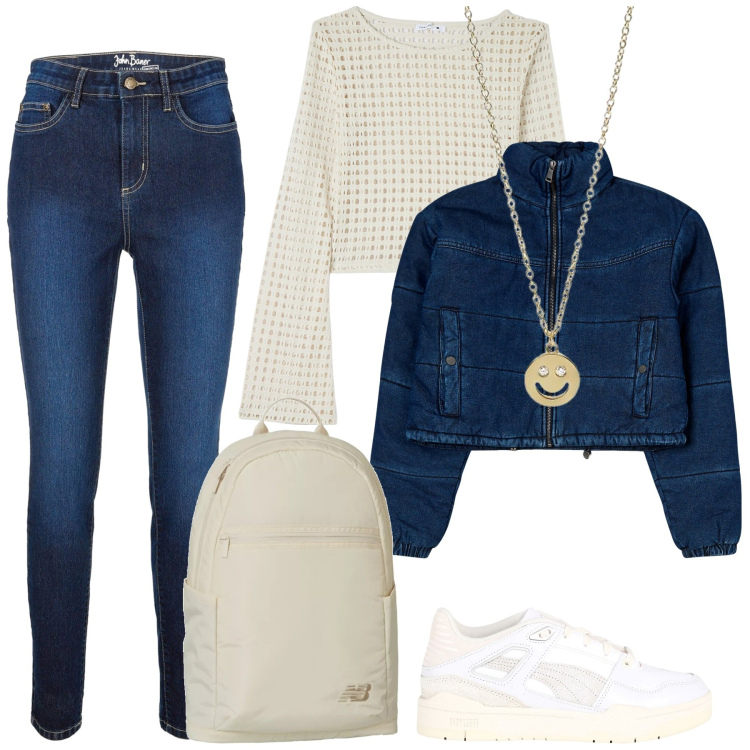 Outfit donna - Total look #1987005. Stile Casual per Tutti i giorni. Abbinamento con jeans skinny, sneakers, maglieria, blazer, collane, zaini.