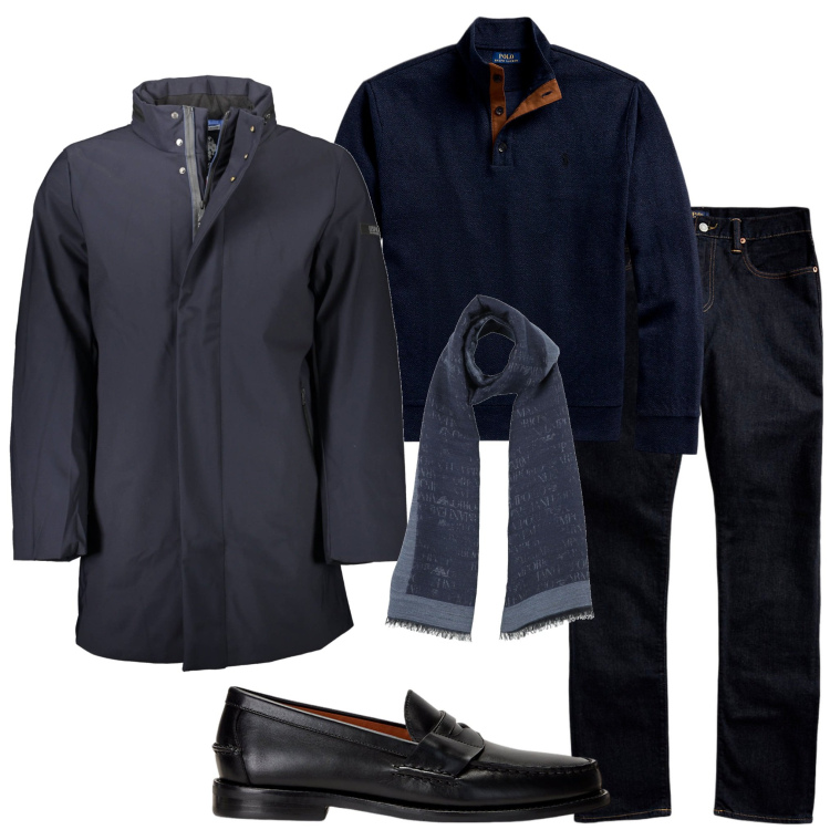 Outfit uomo - In città. Stile Urban per Tutti i giorni. Abbinamento con sciarpe, jeans, scarpe stringate, pullovers, trench.