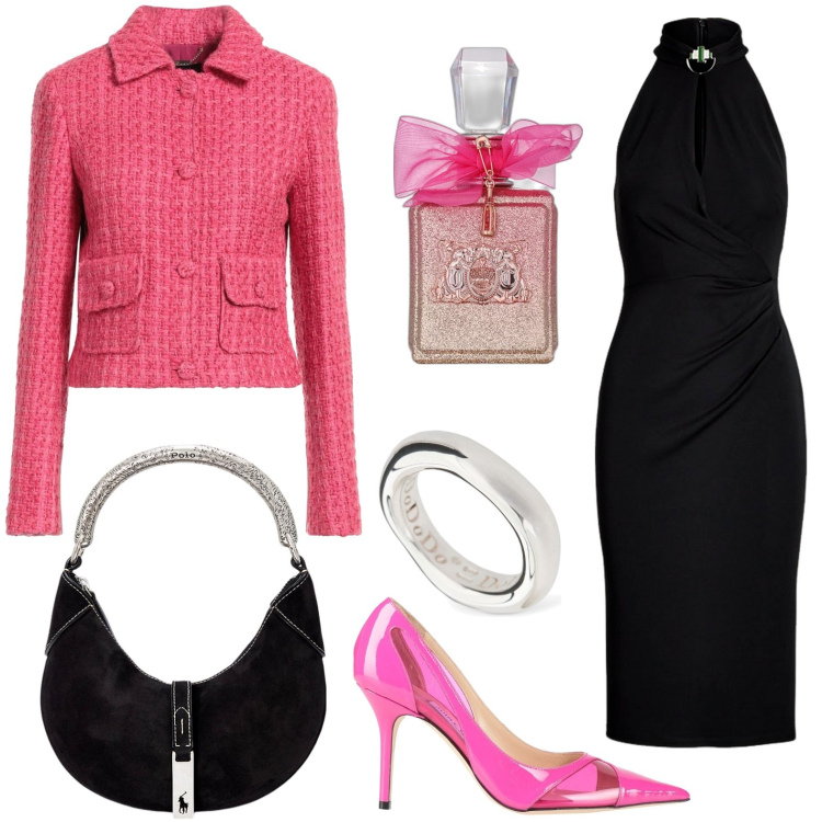 Outfit donna - Tubino nero per la sera. Stile Basic per Serata fuori. Abbinamento con blazer, décolleté, profumi, vestiti a tubino, borse a spalla, anelli.