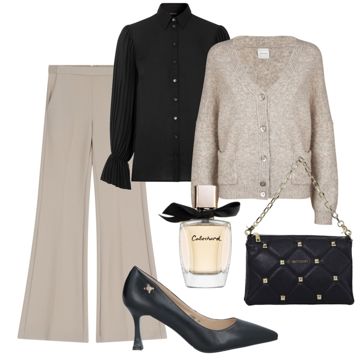 Outfit donna - Classe in ufficio. Stile Glamour per Ufficio. Abbinamento con camicie, décolleté, profumi, pantaloni, borse a spalla, cardigans.