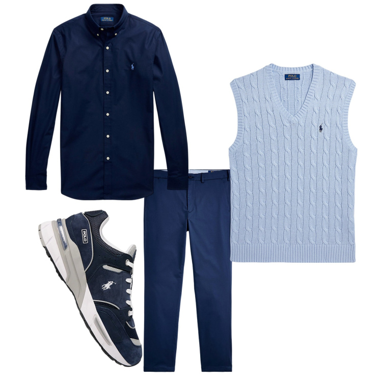 Outfit uomo - Sfumature di blu. Stile Casual per Tutti i giorni. Abbinamento con camicie, maglieria, pantaloni chino, sneakers.