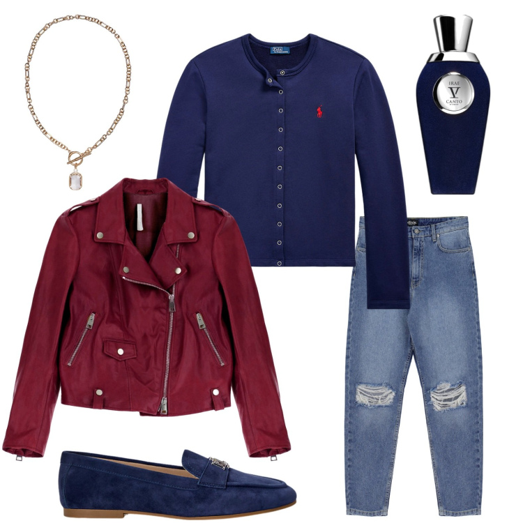 Outfit donna - Street style chic. Stile Urban per Ufficio. Abbinamento con profumi, giacche, collane, mocassini, cardigans, jeans strappati.