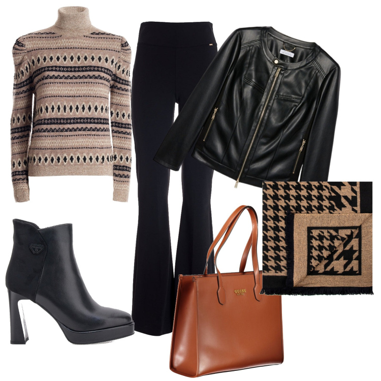 Outfit donna - Casual caldo. Stile Casual per Tutti i giorni. Abbinamento con sciarpe, pantaloni, maglieria, stivaletti, blazer, borse a spalla.