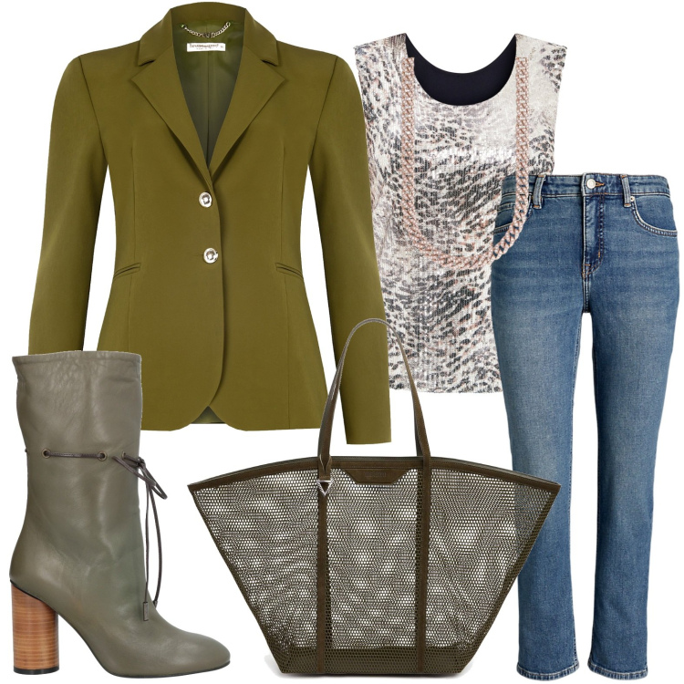Outfit donna - La shopping effetto scamosciato. Stile Chic per Scuola/Università. Abbinamento con stivaletti, collane, jeans dritti, blazer, canottiere, shopping bag.