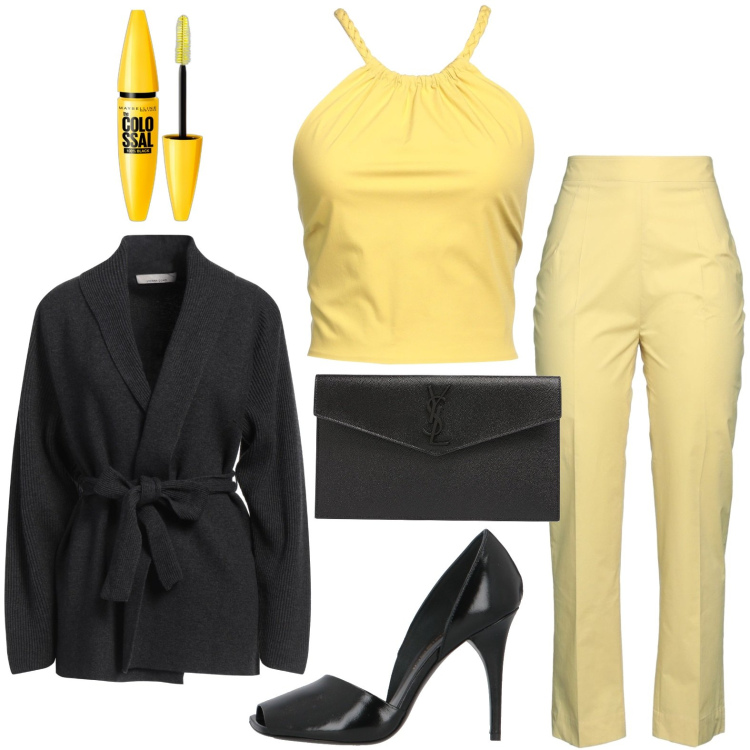 Outfit donna - Giallo per tutti i giorni. Stile Urban per Serata fuori. Abbinamento con pantaloni, cardigans, décolleté, top, mascara, pochette.