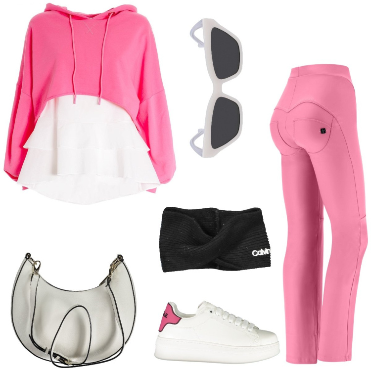 Outfit donna - Total look #1987053. Stile Sporty chic per Tutti i giorni. Abbinamento con felpe con cappuccio, pantaloni, sneakers, borse a spalla, fasce per capelli, occhiali da sole.