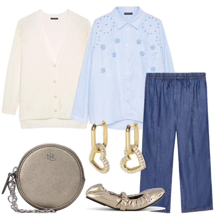 Outfit donna - Total look #1987060. Stile Casual per Tutti i giorni. Abbinamento con orecchini, pochette, ballerine, camicie, cardigans, pantaloni.