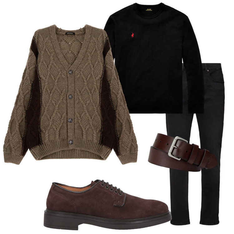 Outfit uomo - Serata. Stile Urban per Serata speciale. Abbinamento con scarpe stringate, cardigans, cinture, t-shirt, jeans slim fit.