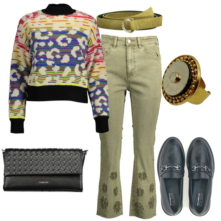 Outfit donna - Total look #1987078. Stile Casual per Tutti i giorni. Abbinamento con mocassini, jeans, maglieria, anelli, borse a tracolla, cinture.