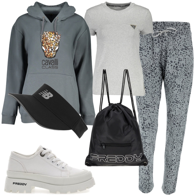 Outfit donna - Total look #1987079. Stile Casual per Tutti i giorni. Abbinamento con cappelli con visiera, zaini, pantaloni, sneakers, felpe con cappuccio, t-shirt.