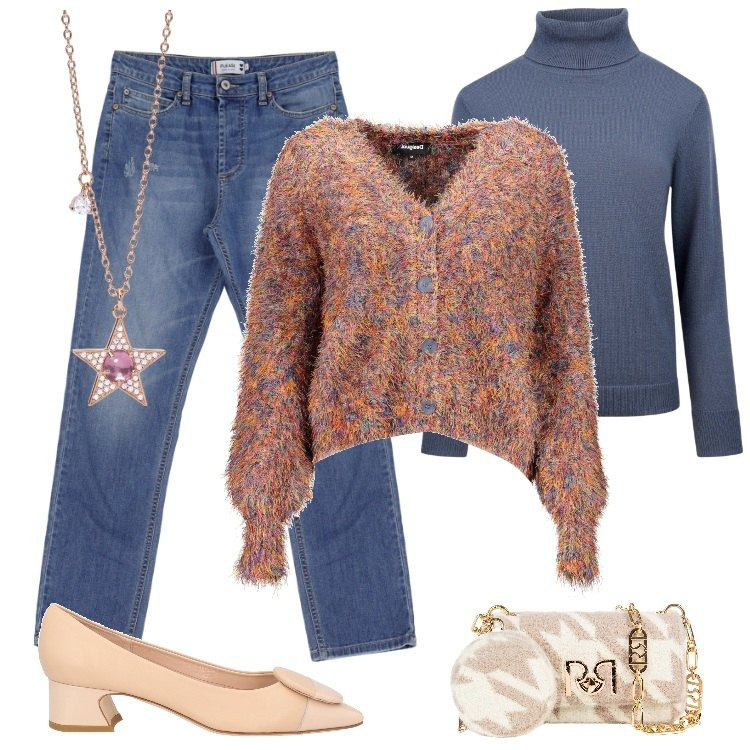 Outfit donna - Total look #1987082. Stile Vintage retrò per Tutti i giorni. Abbinamento con décolleté, collane, borse a tracolla, jeans dritti, maglieria, cardigans.