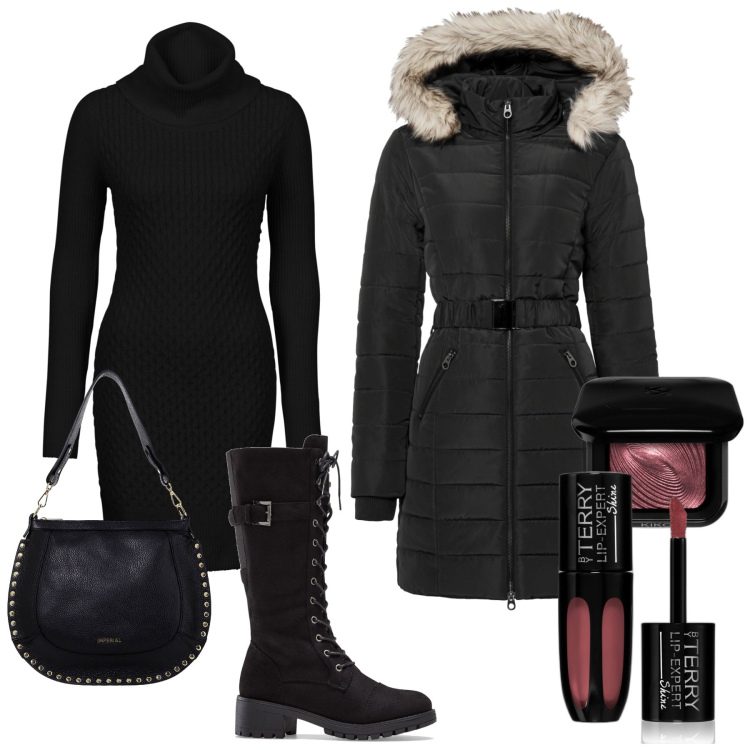 Outfit donna - ....in Black. Stile Casual per Tutti i giorni. Abbinamento con stivali, giacche, vestiti, ombretti, rossetti, borse a spalla.