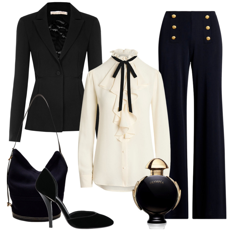 Outfit donna - Total look #1987089. Stile Glamour per Cerimonia. Abbinamento con décolleté, profumi, blazer, pantaloni, camicie, borse a mano.