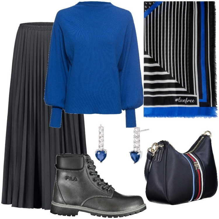 Outfit donna - Blu reale. Stile Casual chic per Ufficio. Abbinamento con maglieria, orecchini, gonne lunghe, borse a tracolla, foulard, stivali.