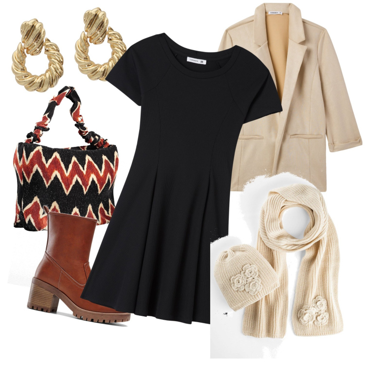 Outfit donna - La sciarpa ed il berretto abbinati. Stile Urban per Tutti i giorni. Abbinamento con stivaletti, sciarpe, vestiti corti, blazer, orecchini, borse a spalla.