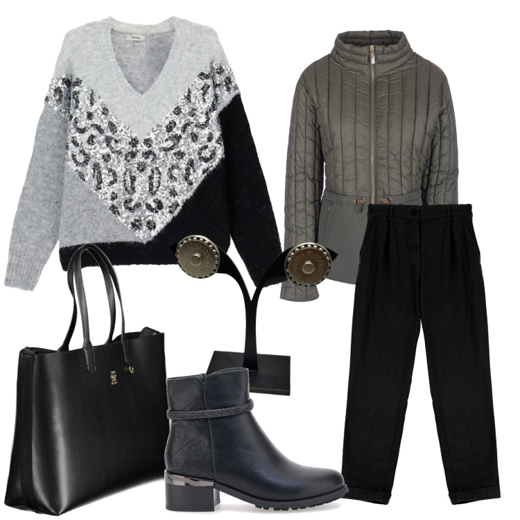 Outfit donna - Total look #1987150. Stile Casual chic per Tutti i giorni. Abbinamento con pantaloni chino, piumini, maglieria, stivaletti, borse a spalla, orecchini.
