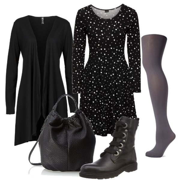 Outfit donna - Basic #18213. Stile Basic per Tutti i giorni. Abbinamento con cardigans, vestito con scollo a maniche lunghe jersey, stivali nero, collant grigio, shopping bag nero.