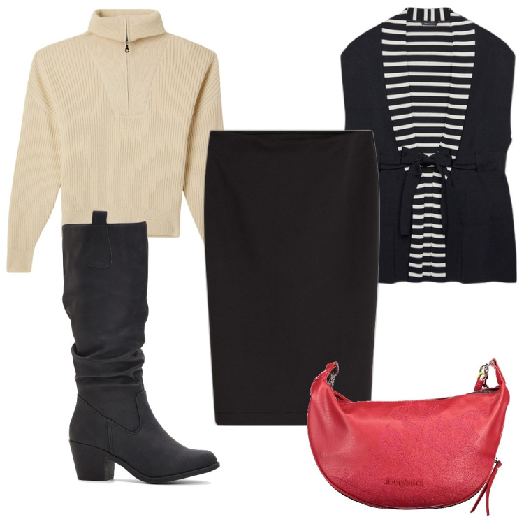 Outfit donna - Total look #1987169. Stile Trendy per Tutti i giorni. Abbinamento con gonne longuette, stivali, maglieria, gilet, borse a spalla.