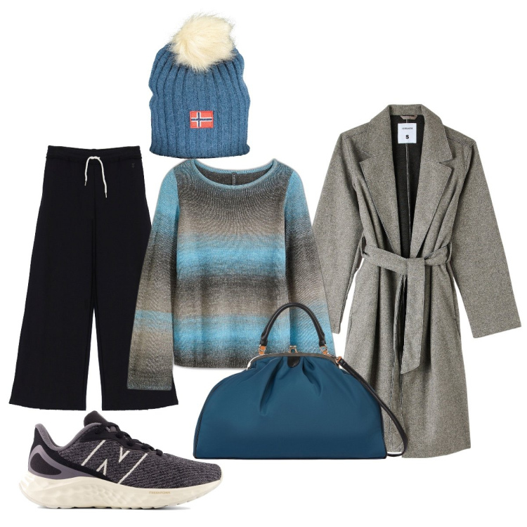 Outfit donna - La maglia dalle tinte sfumate. Stile Sporty chic per Ufficio. Abbinamento con maglieria, cappotti, sneakers, pantaloni a palazzo, berretti, borse a spalla.