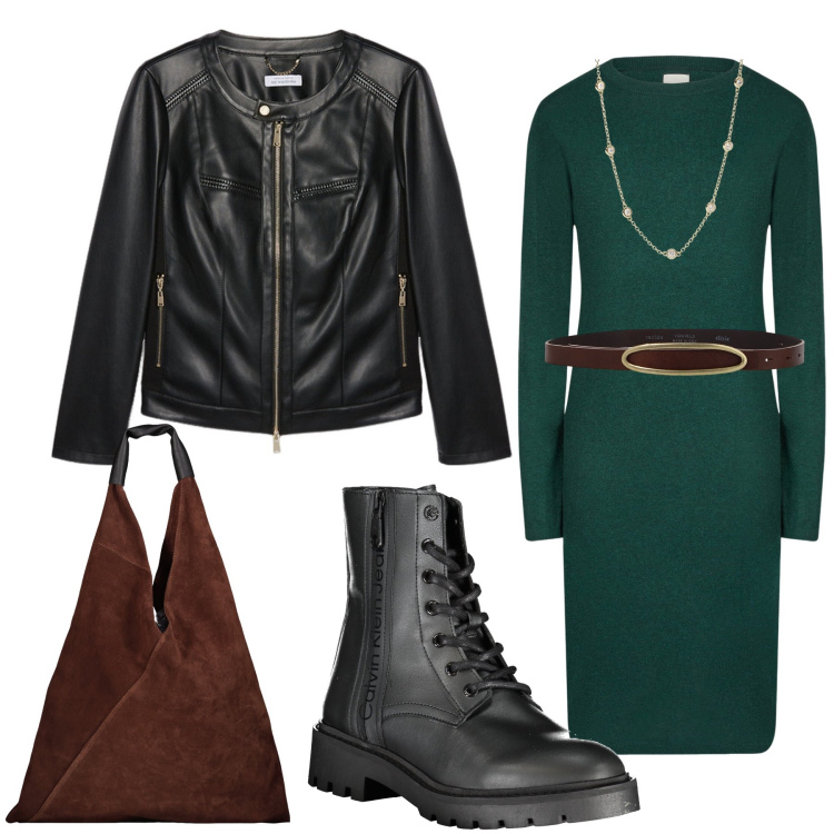 Outfit donna - Lo stivale rock. Stile Casual per Tutti i giorni. Abbinamento con collane, cinture, vestiti midi/longuette, blazer, borse a spalla, stivali.