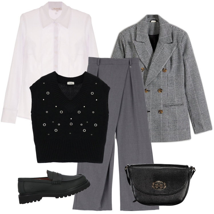 Outfit donna - Il mio outfit preferito. Stile Trendy per Tutti i giorni. Abbinamento con blazer, mocassini, camicie, pantaloni, gilet, borse a tracolla.