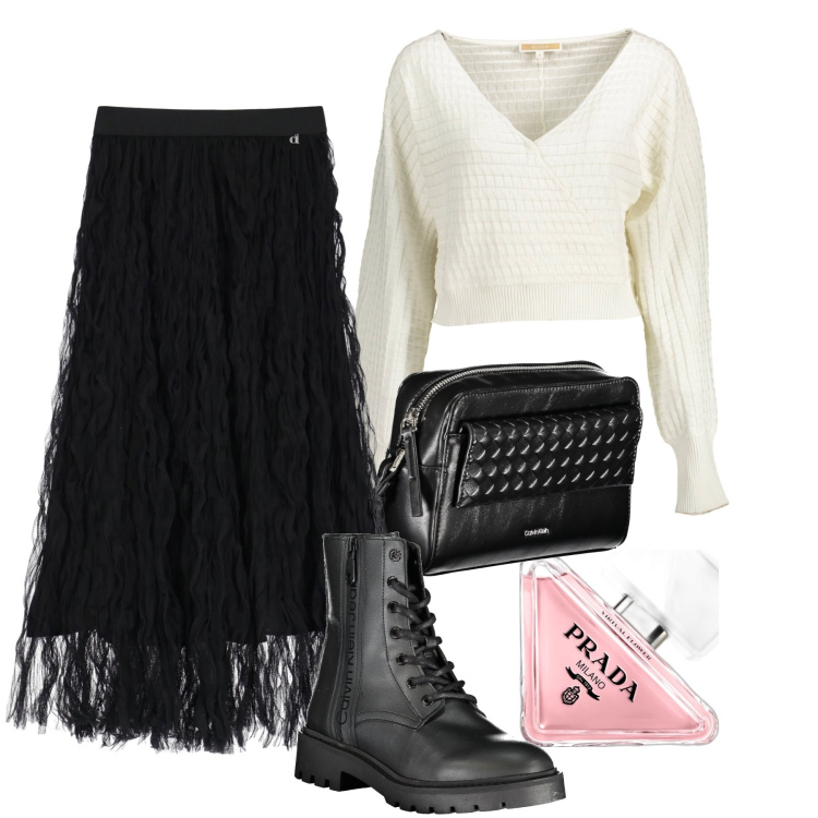 Outfit donna - La gonna con carattere. Stile Trendy per Tutti i giorni. Abbinamento con profumi, gonne lunghe, stivali, borse a tracolla, maglieria.