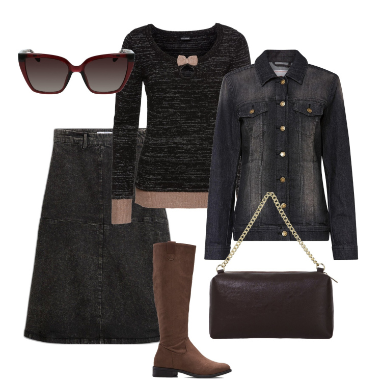 Outfit donna - Denim nero used e dettagli lurex. Stile Trendy per Tutti i giorni. Abbinamento con maglieria, stivali, gonne longuette, blazer, borse a tracolla, occhiali da sole.