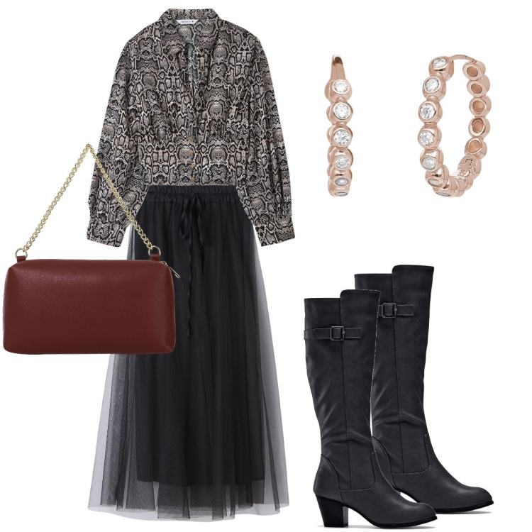 Outfit donna - La blusa pitonata. Stile Sexy per Serata fuori. Abbinamento con stivali, gonne lunghe, bluse, orecchini, borse a tracolla.
