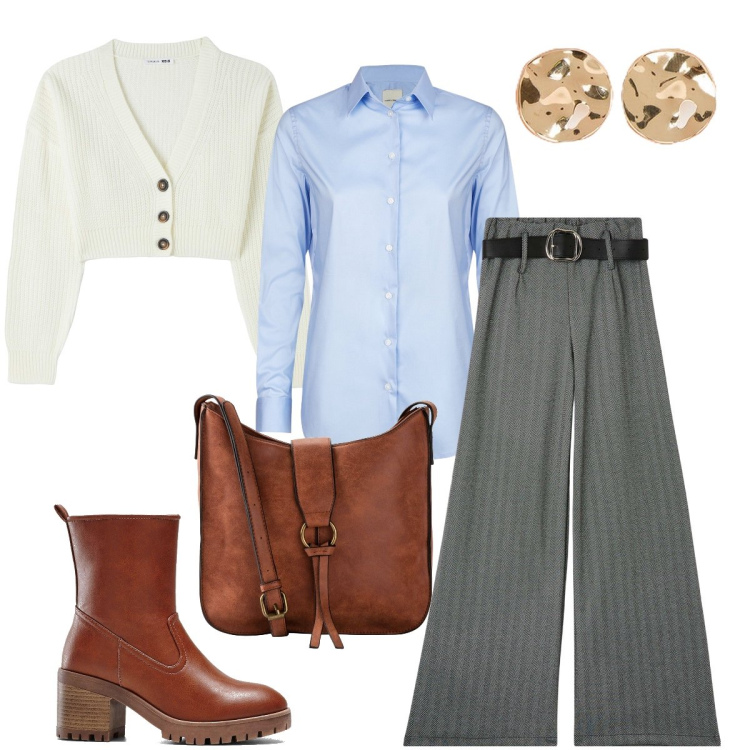 Outfit donna - Il golfino crop. Stile Mannish per Ufficio. Abbinamento con stivaletti, borse a tracolla, pantaloni, cardigans, camicie, orecchini.