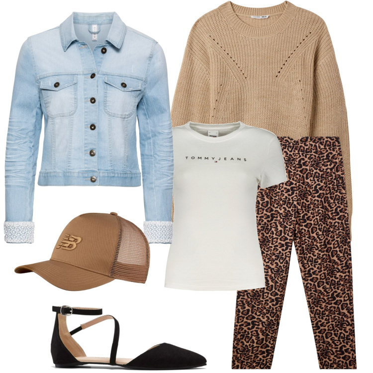 Outfit donna - Animalier sprint. Stile Trendy per Tutti i giorni. Abbinamento con blazer, ballerine, maglieria, pantaloni chino, cappelli con visiera, t-shirt.