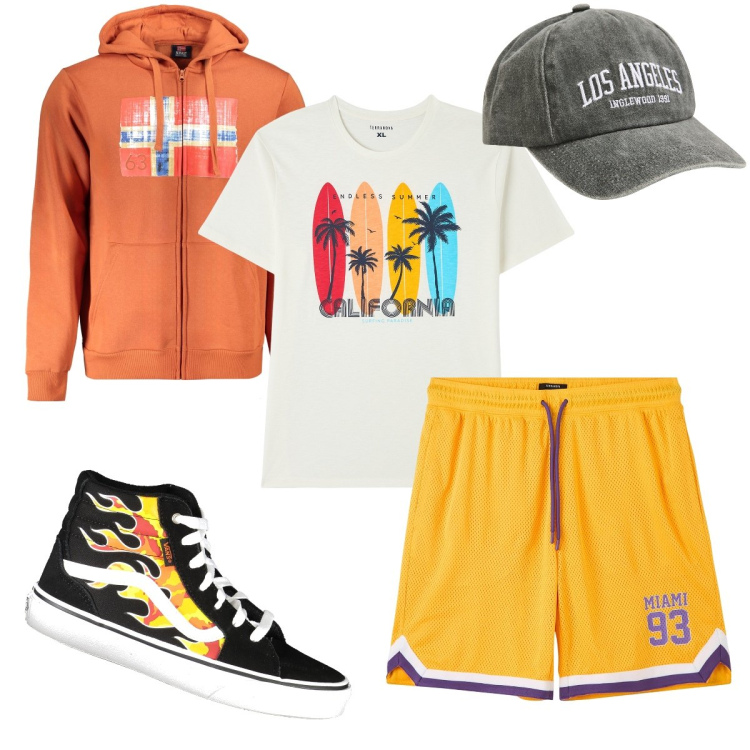 Outfit uomo - Partita di basket. Stile Trendy per Sport. Abbinamento con t-shirt, bermuda, cappelli, felpe con cappuccio, sneakers.